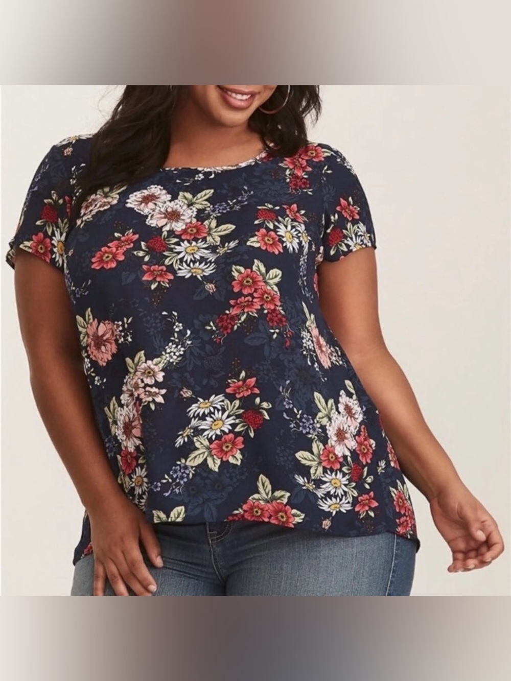 torrid Navy Floral Short Sleeve Blouse with Pink & White Blooms